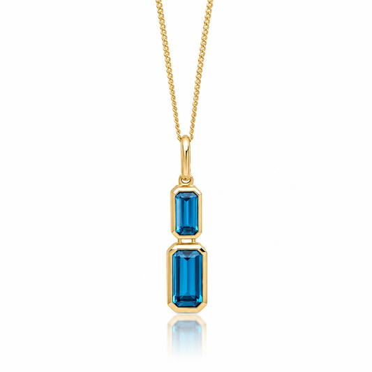 9ct yellow gold double London Blue Topaz drop pendant with elongated blue gemstones