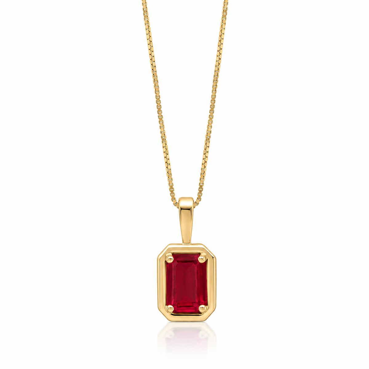 9ct yellow gold octagonal pendant with rectangular red ruby gemstone