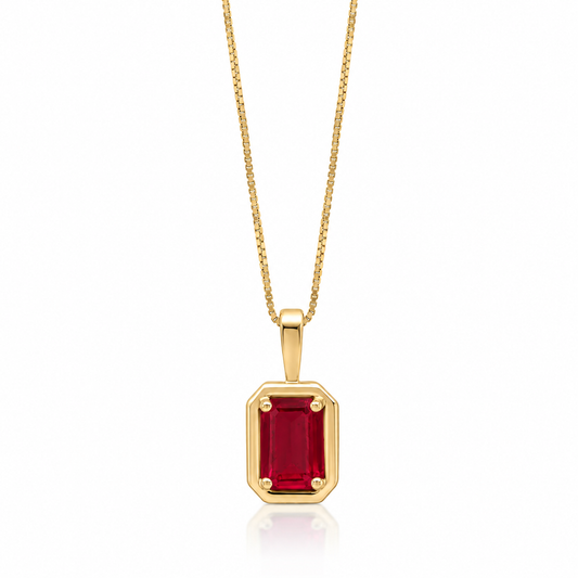9ct yellow gold octagonal pendant with rectangular red ruby gemstone