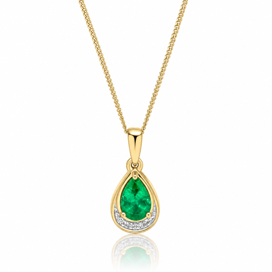 9ct yellow gold teardrop emerald pendant with diamond accent detail
