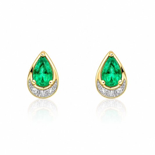 9ct yellow gold teardrop emerald stud earrings with diamond accent detail