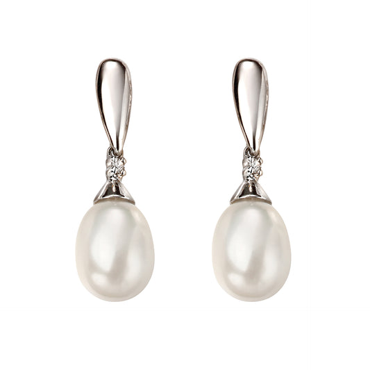 Freshwater Pearl and Diamond Drop Earrings in 9ct Gold