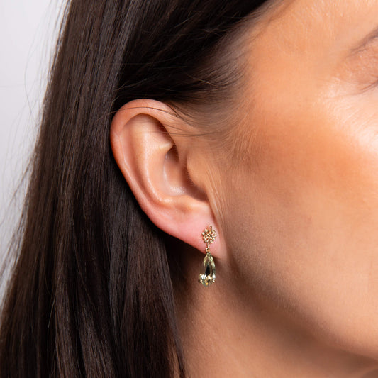 Fancy Cut Green Quartz Drop Earrings with Swirl Detail in 9ct Gold