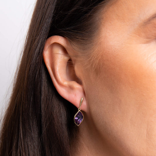 Flame Cut Amethyst Drop Earrings in 9ct Gold