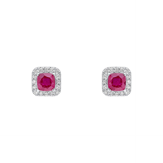 Cushion Cut Ruby with Diamond Halo Stud Earrings in 9ct Gold