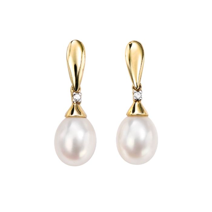 Freshwater Pearl and Diamond Drop Earrings in 9ct Gold