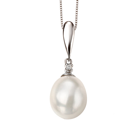 Freshwater Pearl and Diamond Drop Pendant in 9ct Gold