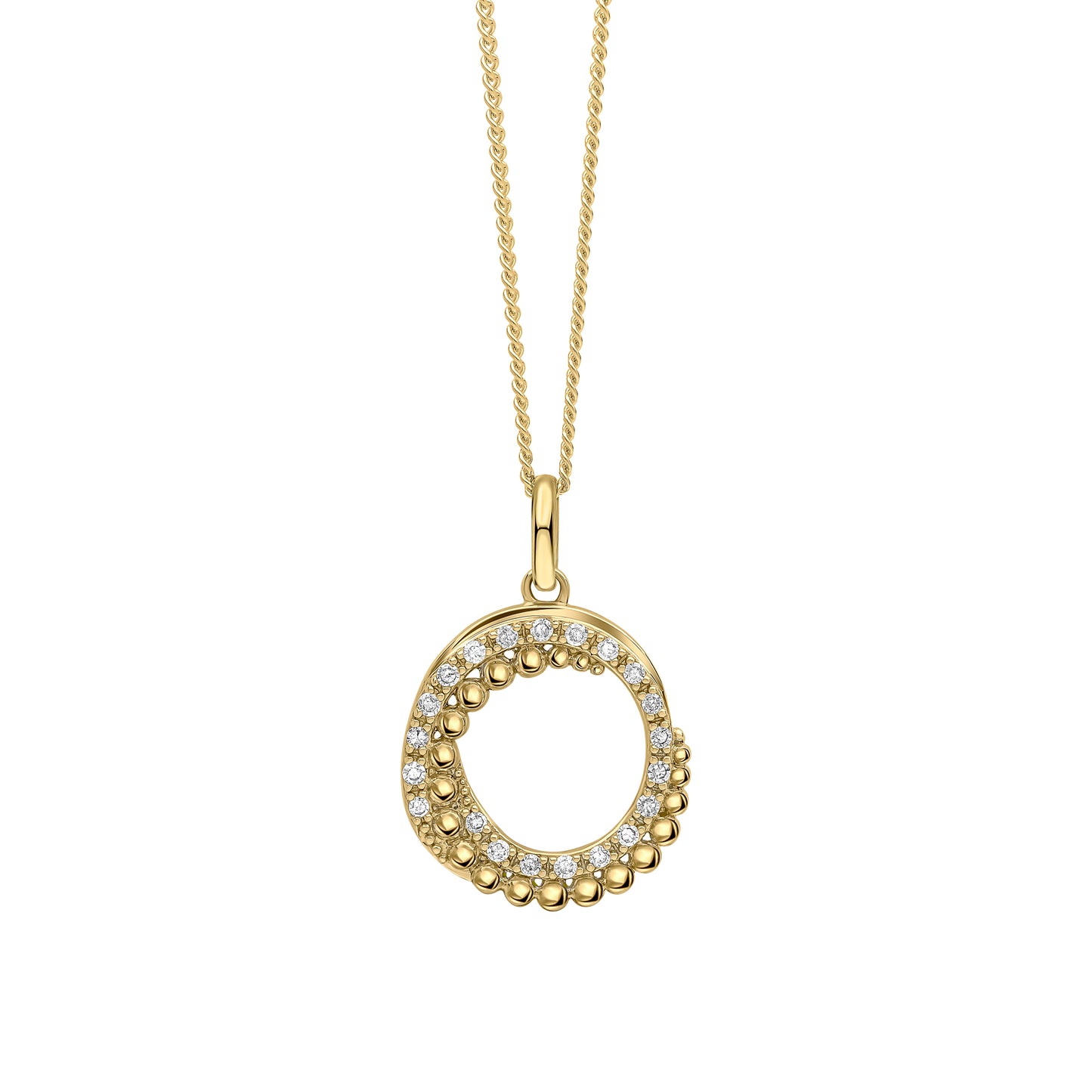 Diamond and Stippled Edge Swirl Pendant in 9ct Gold