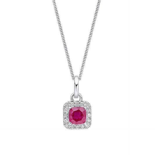 Cushion Cut Ruby with Diamond Halo Pendant in 9ct Gold