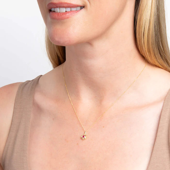 9ct yellow gold Fura ruby pendant with sculptural design and adjustable chain