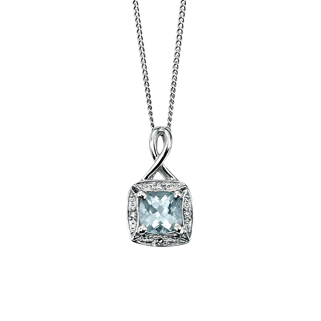 Aquamarine Twist Pendant with Diamond Surround in 9ct Gold