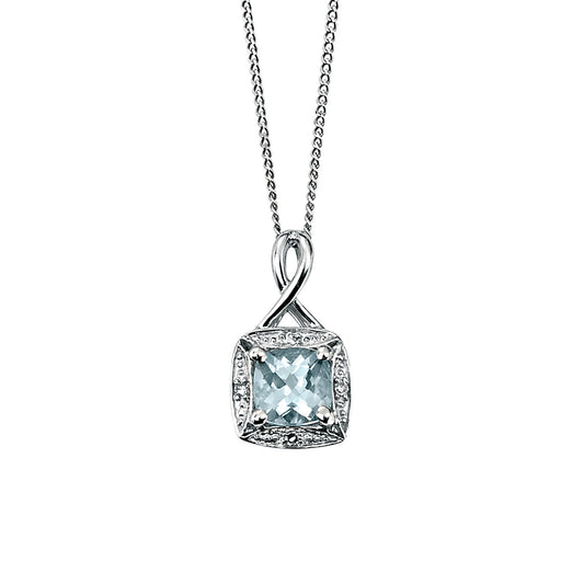 Aquamarine Twist Pendant with Diamond Surround in 9ct Gold