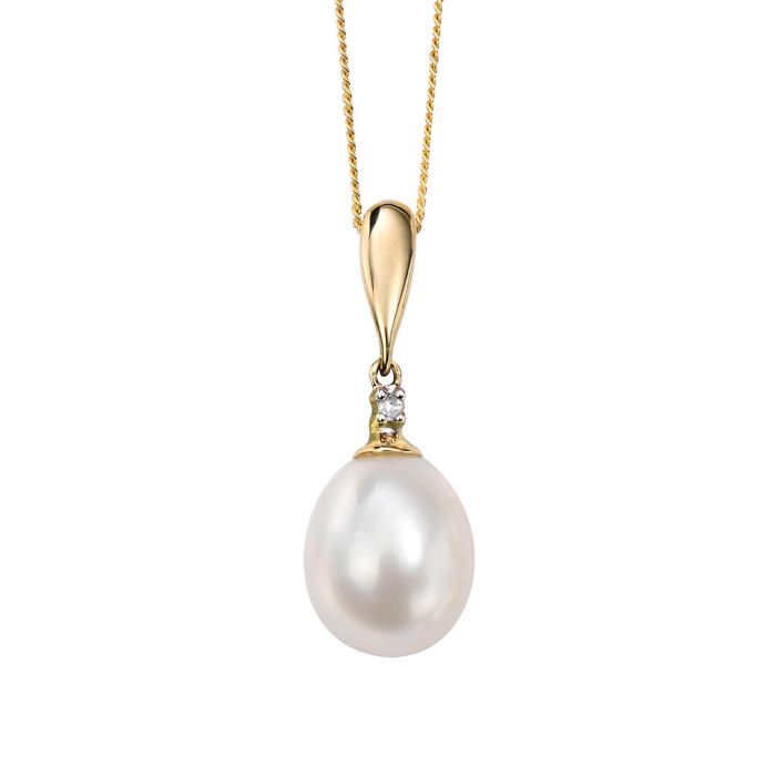 Freshwater Pearl and Diamond Drop Pendant in 9ct Gold