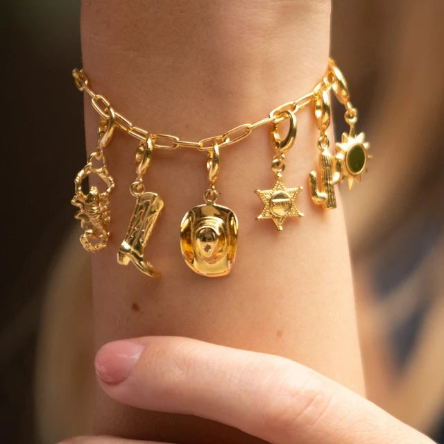 Lily Charmed gold oval link charm bracelet in 18ct gold-plated recycled sterling silver with charms