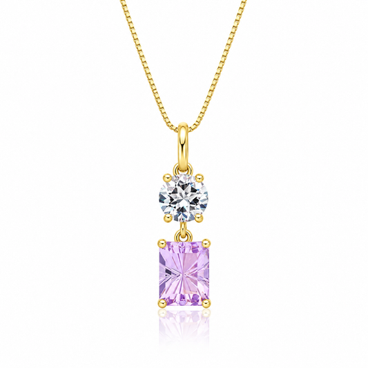 9ct yellow gold green quartz and rose amethyst two stone pendant on Venetian chain
