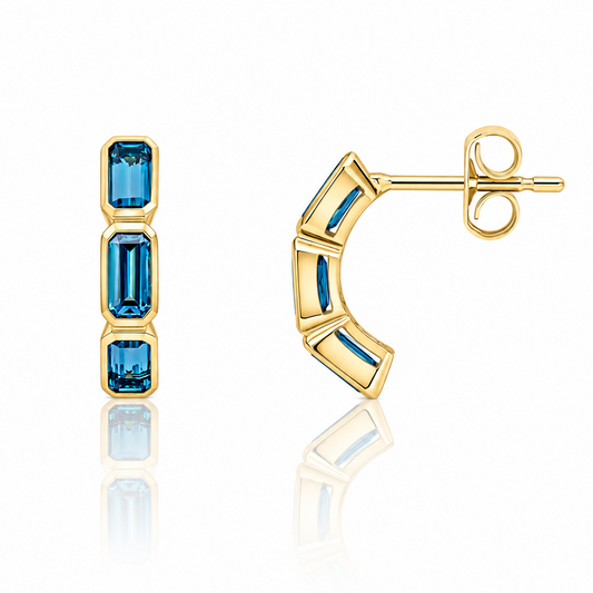 9ct yellow gold half hoop earrings with elongated London Blue Topaz gemstones