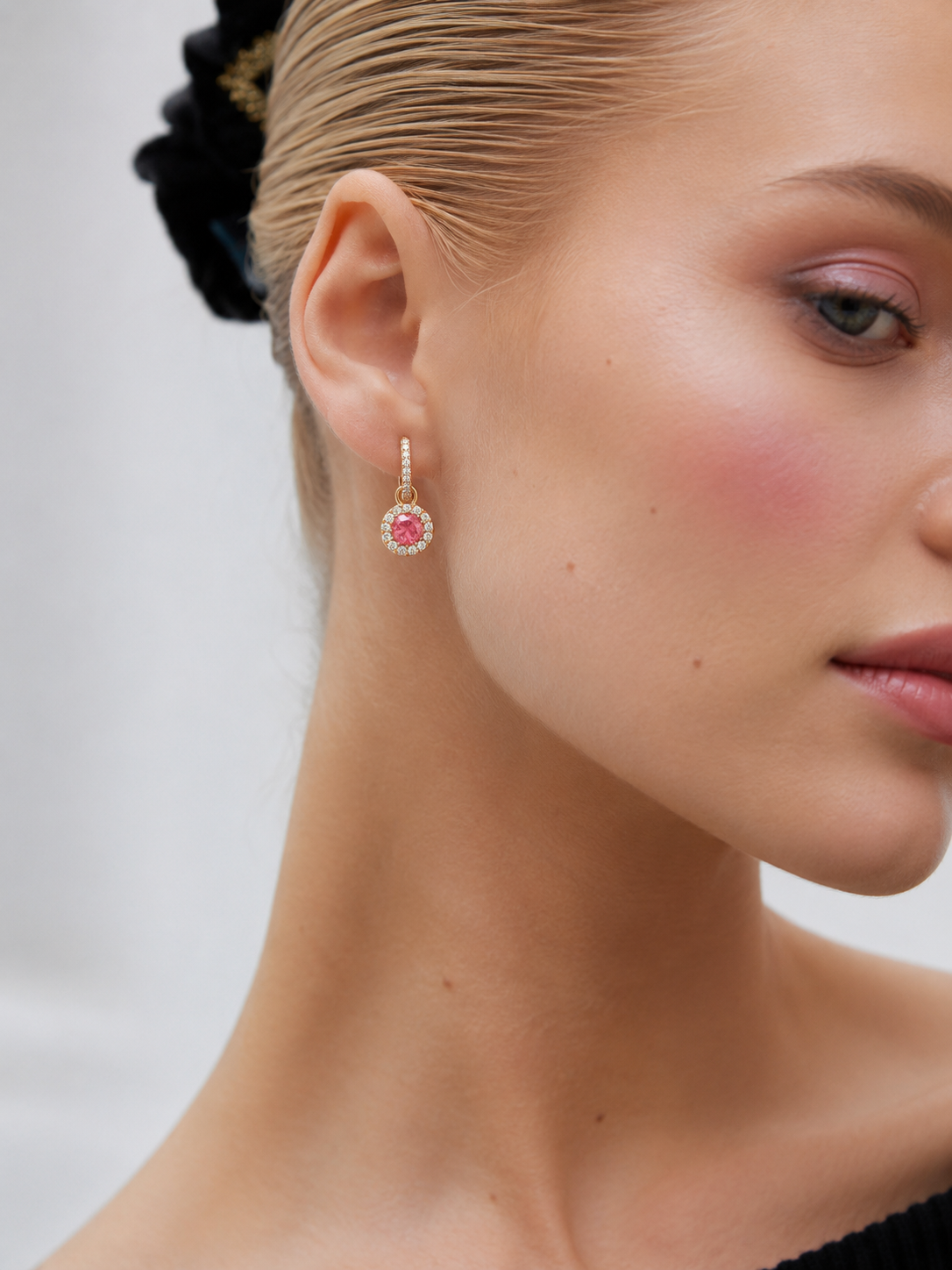 Gold hoop earrings with round pink tourmaline and diamond cluster drops