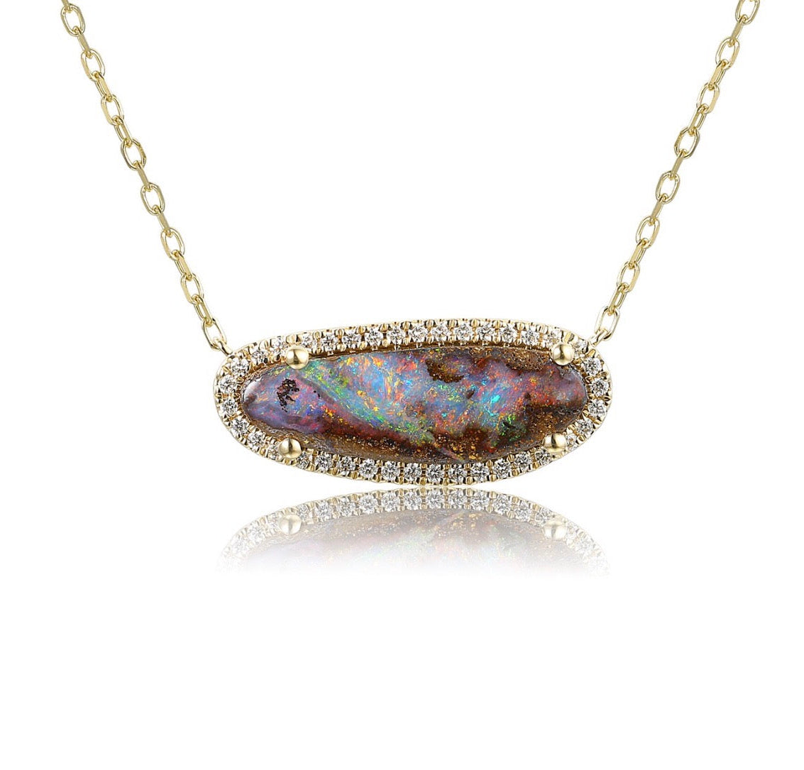 Wildfire 2.15ct Australian Boulder Opal and diamond pendant in 9ct yellow gold