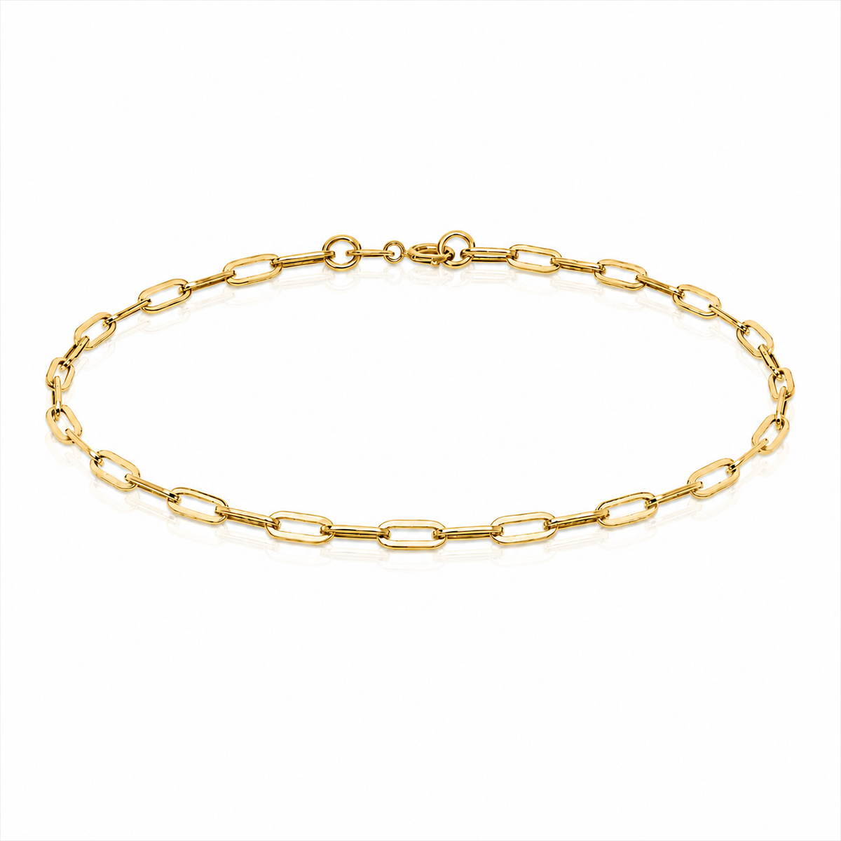 Gold fine belcher chain bracelet with 2.3mm links and bolt ring fastening, suitable for wearing alone or adding charms
