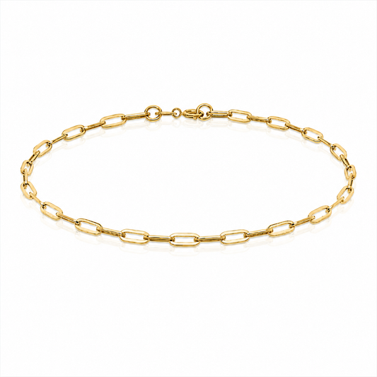 Gold fine belcher chain bracelet with 2.3mm links and bolt ring fastening, suitable for wearing alone or adding charms