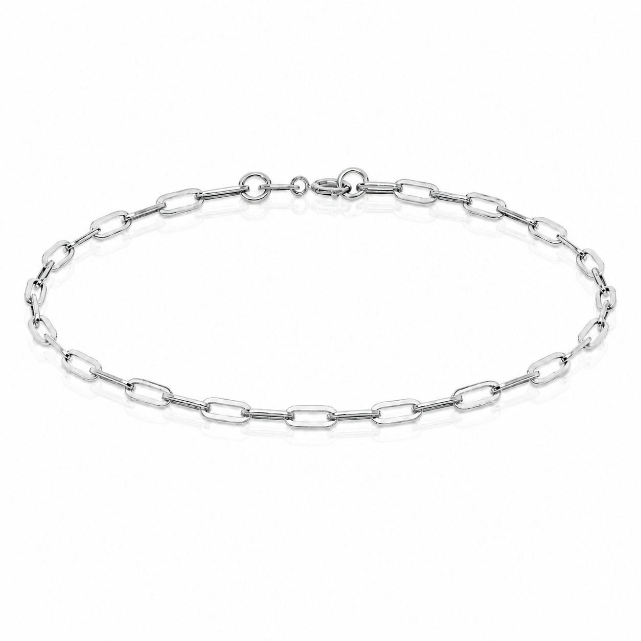 White gold fine belcher chain bracelet with 2.3mm links and bolt ring fastening, suitable for adding charms