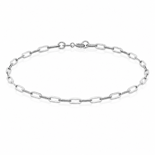 White gold fine belcher chain bracelet with 2.3mm links and bolt ring fastening, suitable for adding charms