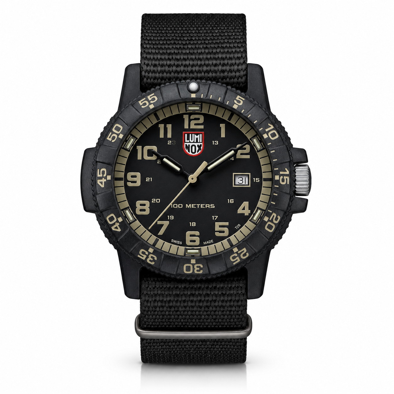 Luminox Leatherback Sea Turtle Giant 44mm black watch with black strap and sand-coloured dial markings.