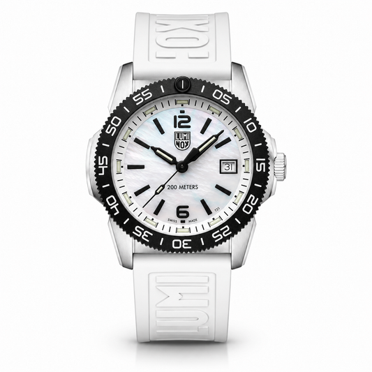 Luminox Pacific Diver Ripple XS.3128M.SET 39mm mother-of-pearl dive watch with white rubber strap and additional vivid pink strap.