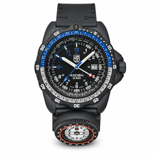 Luminox RECON Nav Spec XL.8833 46mm black CARBONOX tactical GMT watch with blue accents and detachable compass.