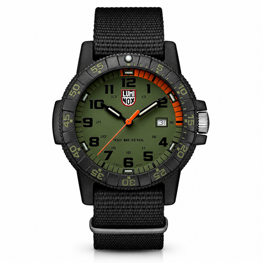 Luminox Leatherback SEA Turtle Giant XS.0337 44mm outdoor watch with green dial, orange accents and black webbing strap