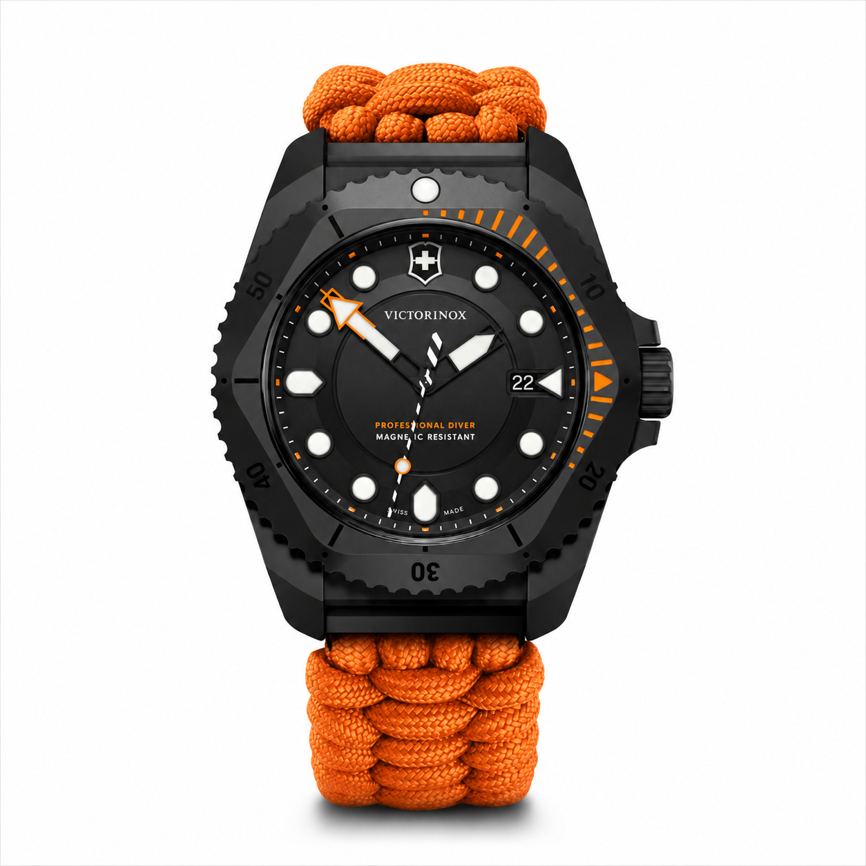 Victorinox Dive Pro Quartz 242069.1 black titanium watch with orange paracord strap
