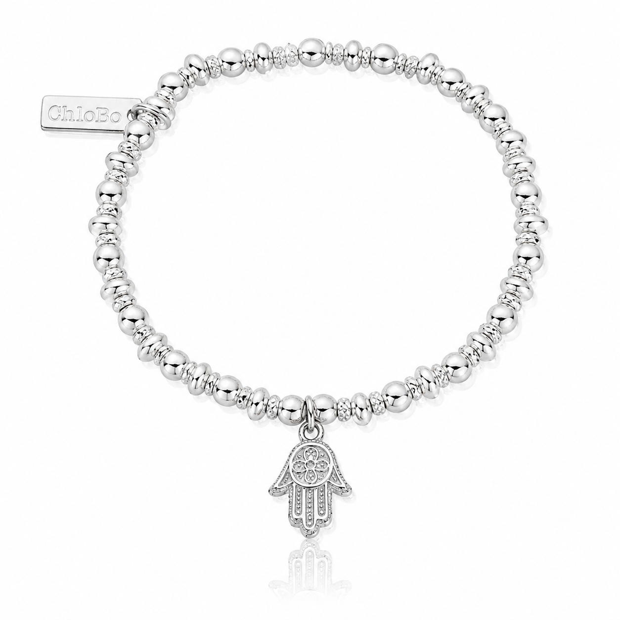 ChloBo Didi Sparkle Hamsa Hand Bracelet in 925 sterling silver with polished textured beads and detailed hand charm