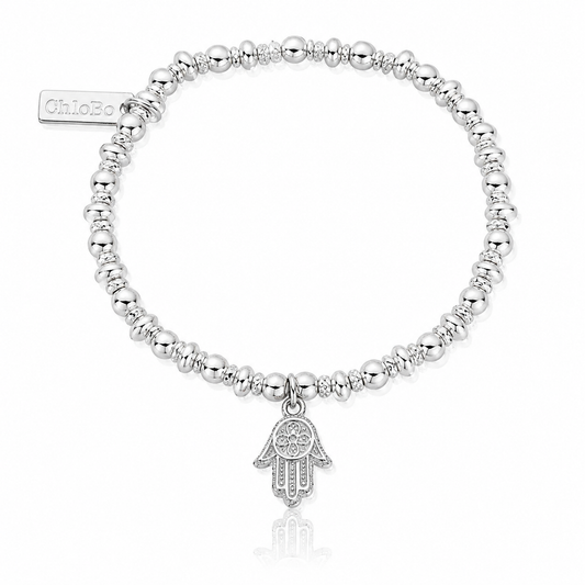 ChloBo Didi Sparkle Hamsa Hand Bracelet in 925 sterling silver with polished textured beads and detailed hand charm