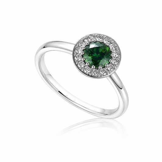 Apple green sapphire and diamond cluster ring in platinum