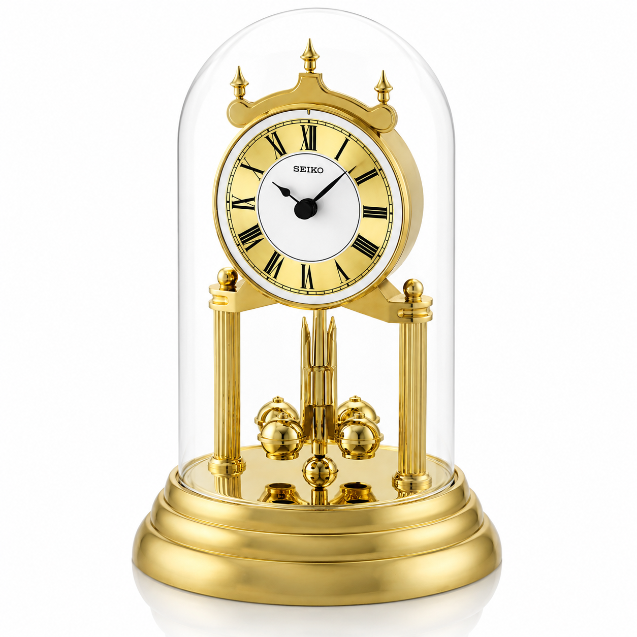 Seiko QHN006G traditional gold-coloured mantel clock with glass dome, Roman numeral dial and rotating pendulum