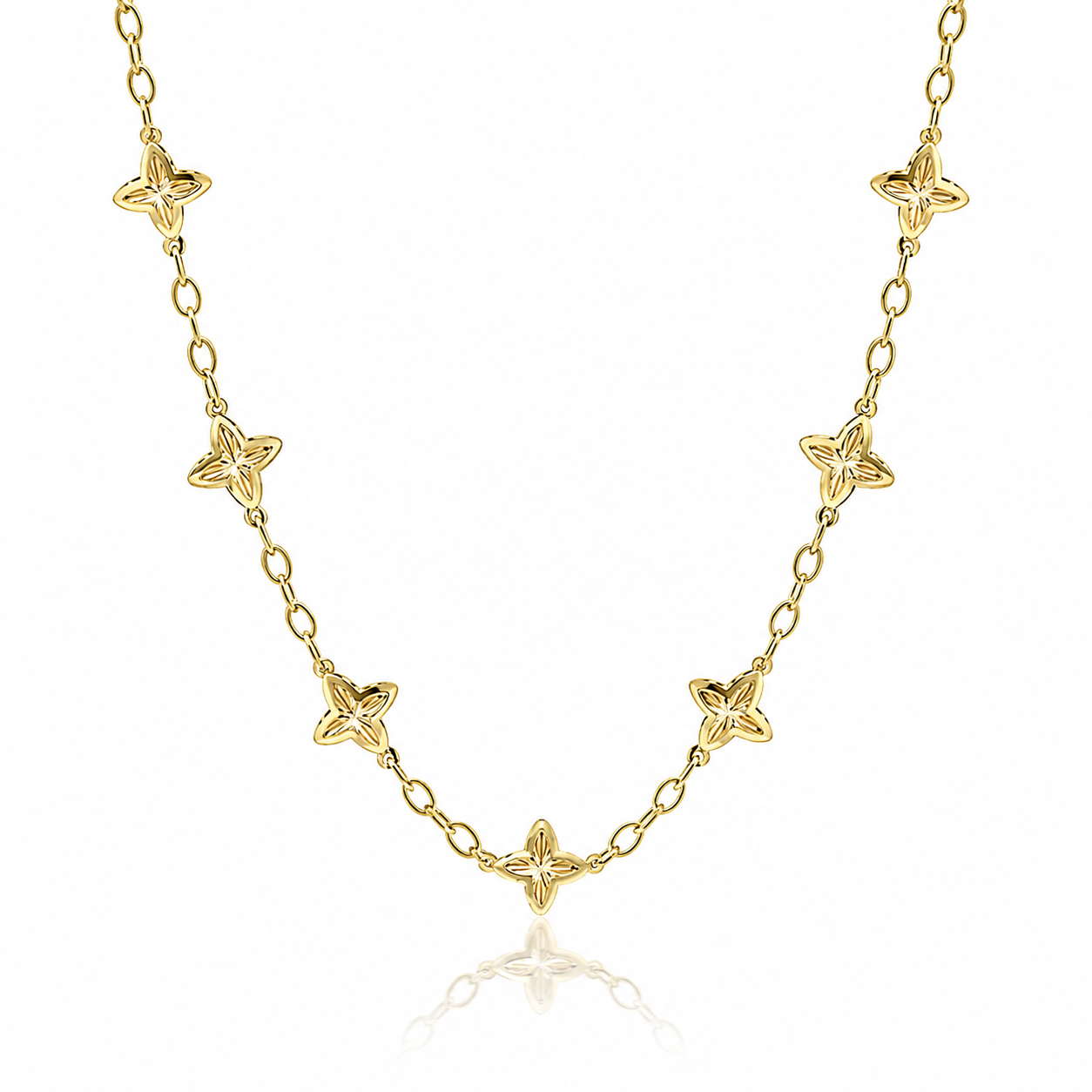 9ct yellow gold textured flower station necklace