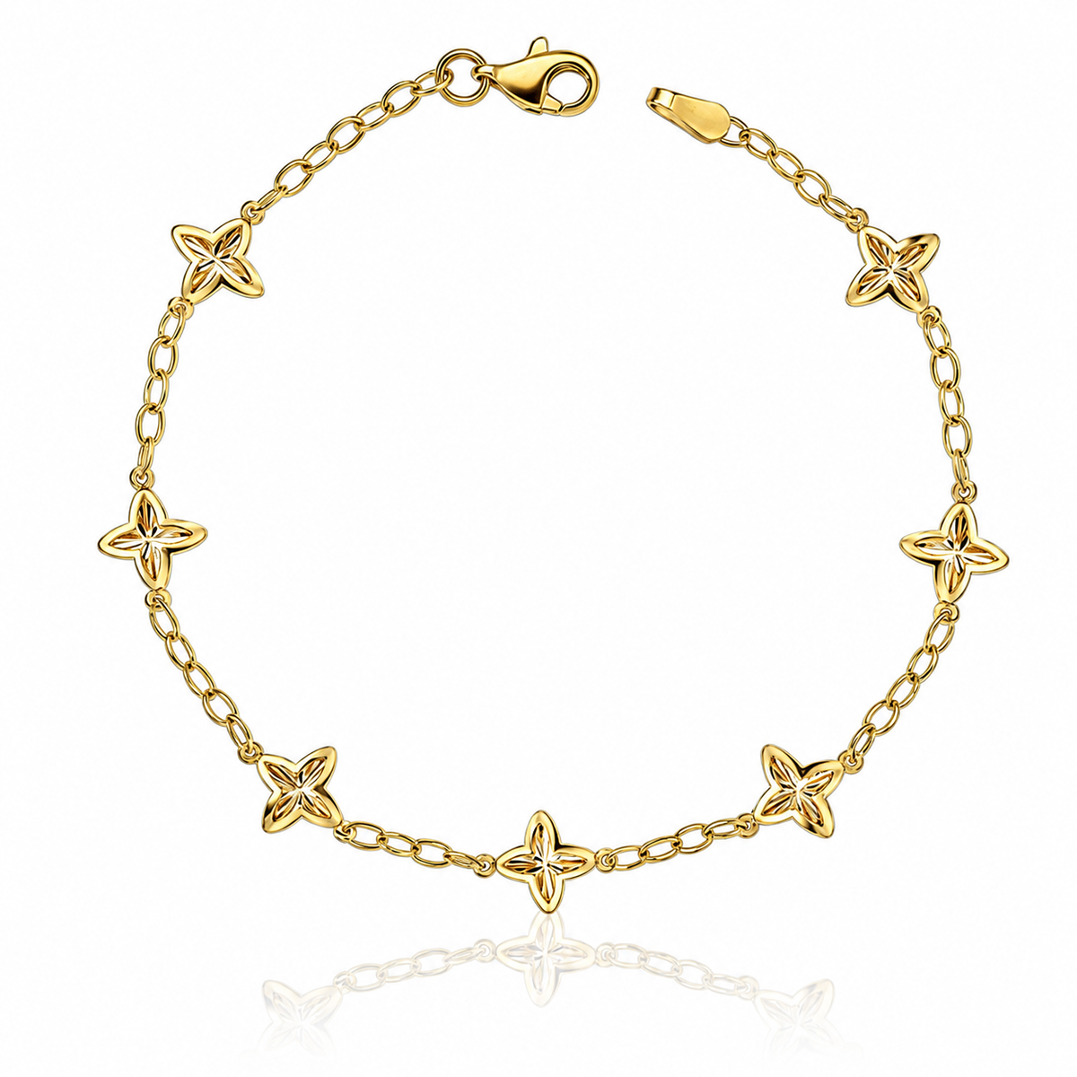 9ct yellow gold textured flower station bracelet
