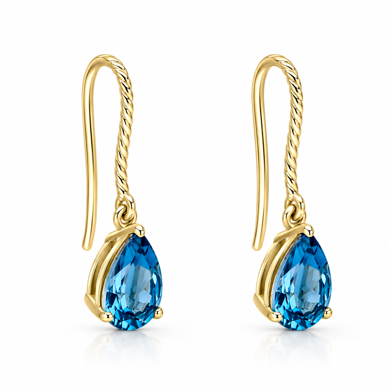 9ct yellow gold drop earrings featuring natural pear-cut London blue topaz with elegant twisted hook fittings.