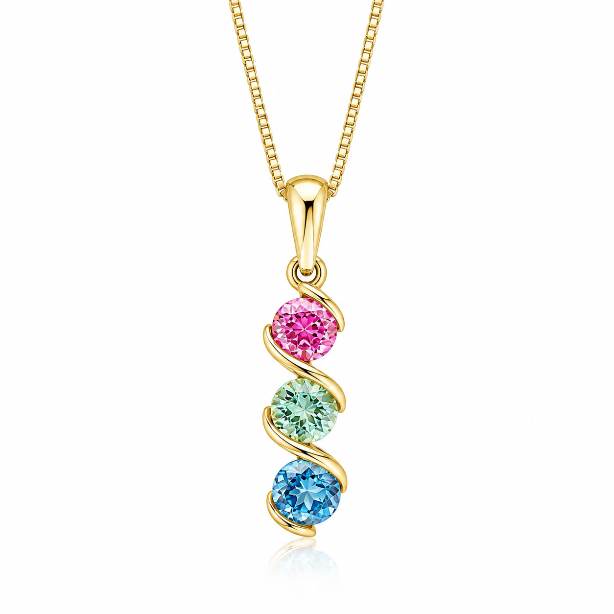 9ct yellow gold Amalfi pendant with natural green sapphire, pink tourmaline and London blue topaz. Includes an adjustable 16–18 inch chain.