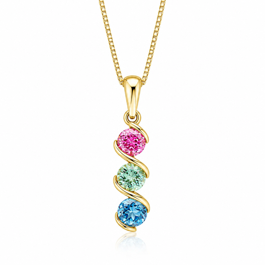 9ct yellow gold Amalfi pendant with natural green sapphire, pink tourmaline and London blue topaz. Includes an adjustable 16–18 inch chain.