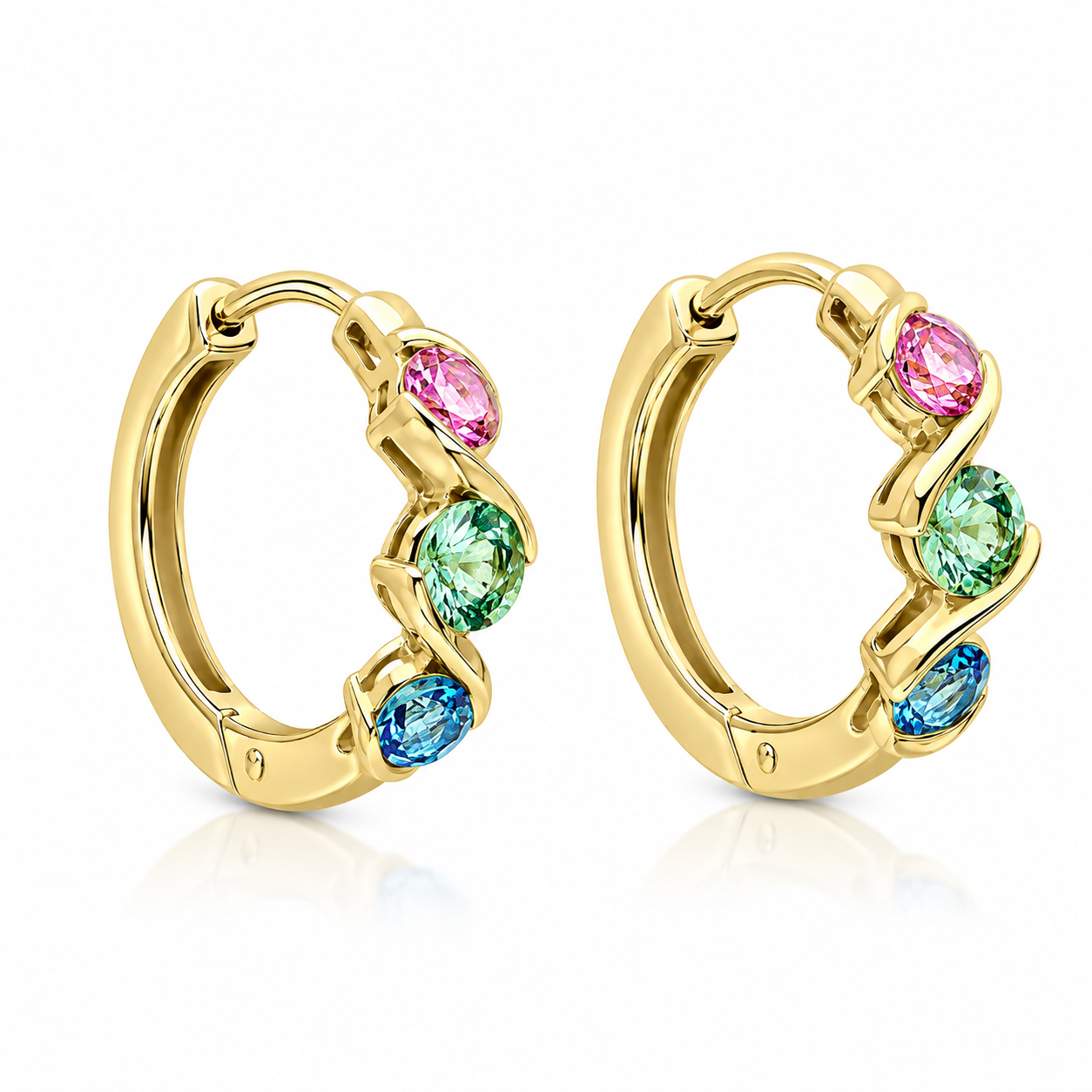 9ct yellow gold Amalfi hoop earrings with natural green sapphire, pink tourmaline and London blue topaz.