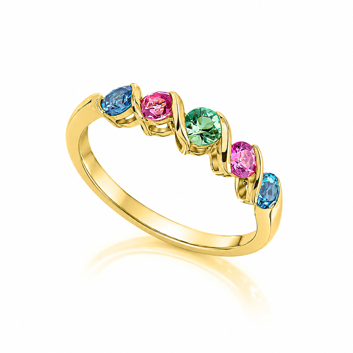 9ct yellow gold Amalfi gemstone ring with London blue topaz, pink tourmaline and green sapphire in a flowing contemporary wave design.