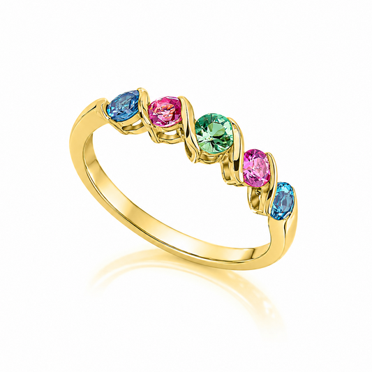 9ct yellow gold Amalfi gemstone ring with London blue topaz, pink tourmaline and green sapphire in a flowing contemporary wave design.