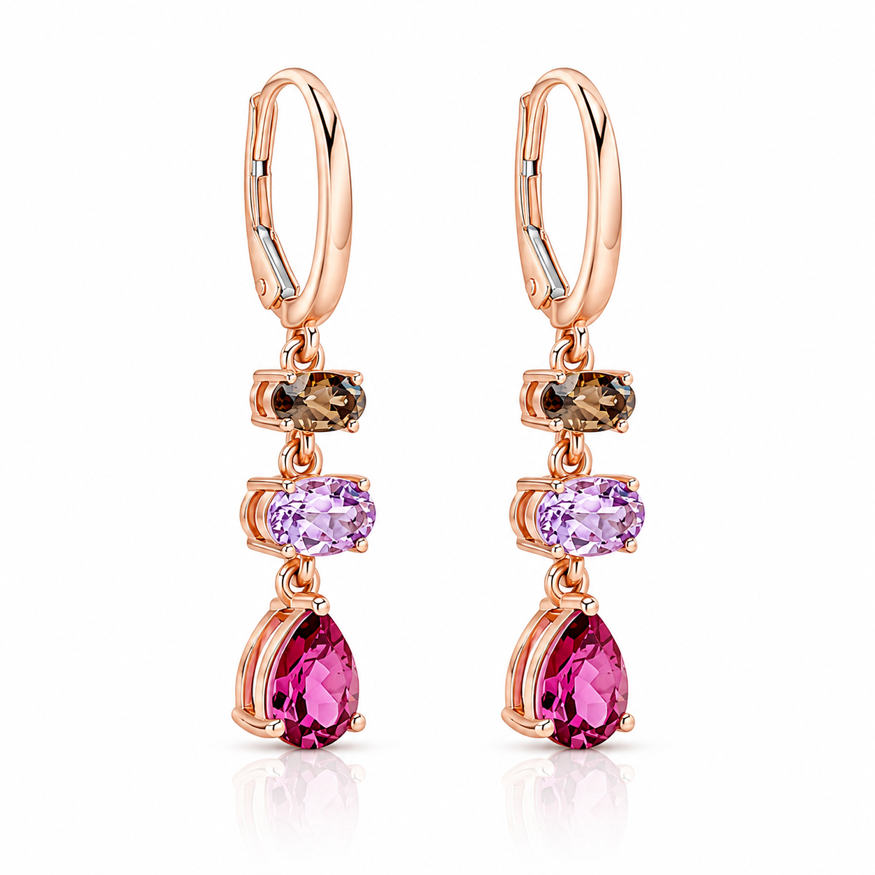 9ct rose gold drop earrings featuring natural smoky quartz, Rose de France amethyst and rhodolite garnet gemstones in a graceful graduated design with hinged hoop fittings.