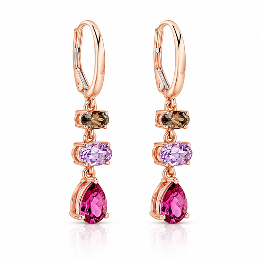 9ct rose gold drop earrings featuring natural smoky quartz, Rose de France amethyst and rhodolite garnet gemstones in a graceful graduated design with hinged hoop fittings.