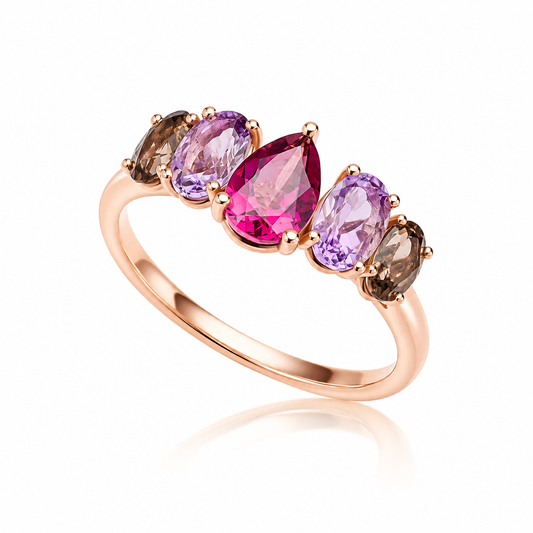 9ct rose gold ring featuring natural smoky quartz, Rose de France amethyst and rhodolite garnet in a graduated five-stone design.
