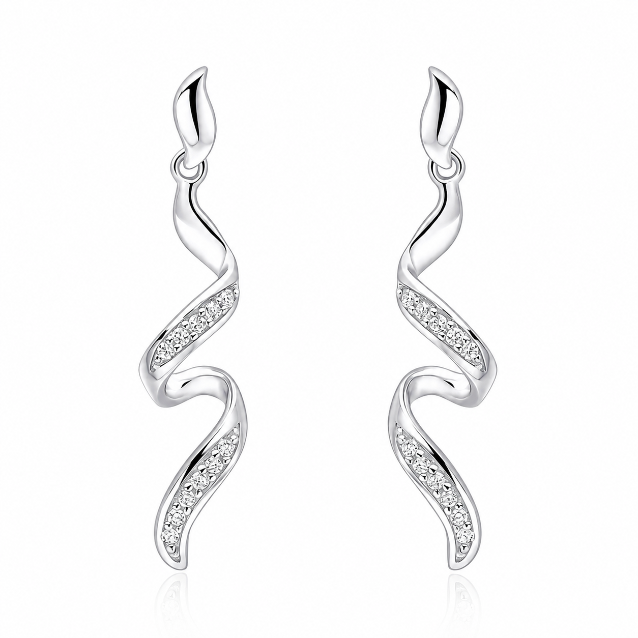 9ct white gold drop earrings featuring natural pavé set diamonds in a flowing ribbon design.