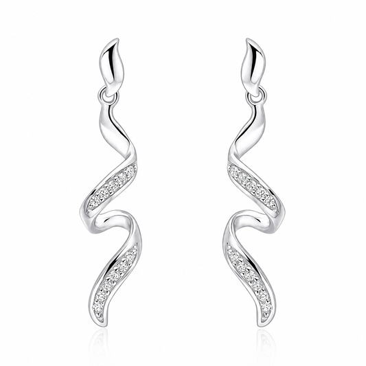 9ct white gold drop earrings featuring natural pavé set diamonds in a flowing ribbon design.