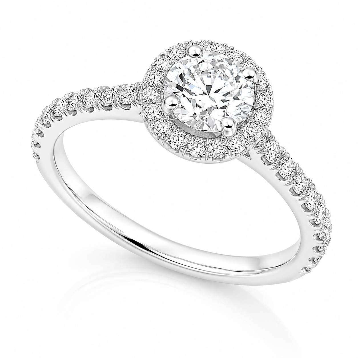 The Arabella Platinum 950 engagement ring with GIA-certified 0.90ct E VS2 natural round brilliant diamond, halo and diamond-set shoulders.