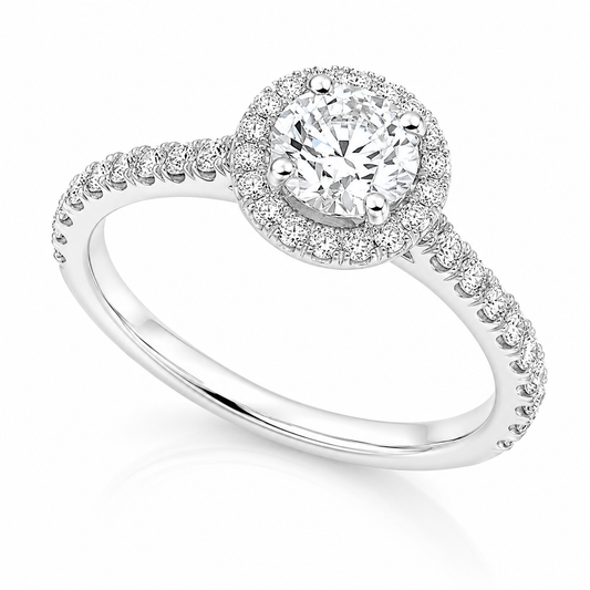 The Arabella Platinum 950 engagement ring with GIA-certified 0.90ct E VS2 natural round brilliant diamond, halo and diamond-set shoulders.